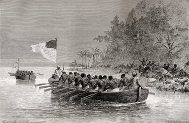 Dr. David Livingstone i den første båten, med engelsk flagg, og Henry Morton Stanley i den andre båten, med amerikansk flagg, under deres ekspedisjon i Afrika i 1872, illustrasjon fra 
